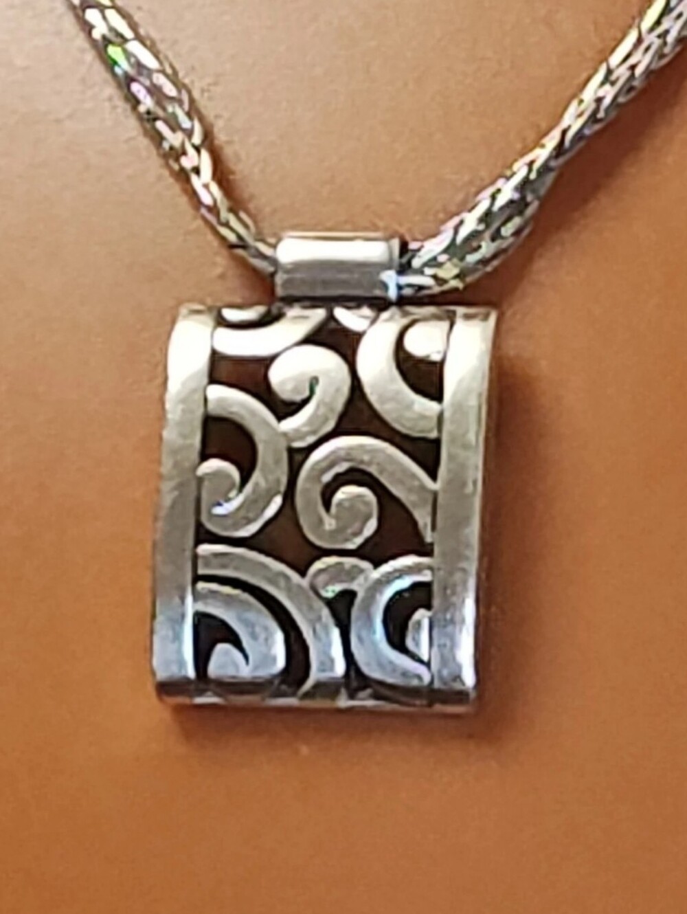 Brighton Art Deco Lace Square Pendant Necklace Silver Plated Double Chain Y2K